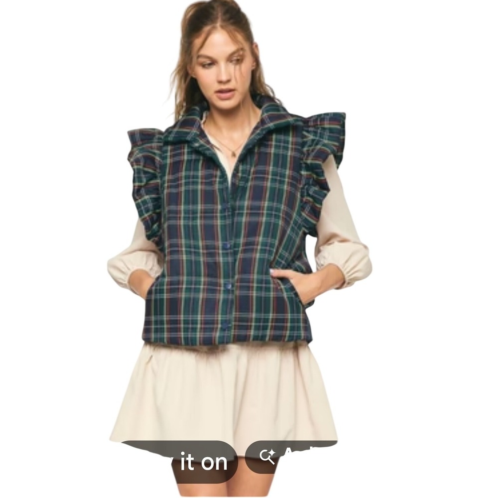 Green Navy Plaid Ruffle Shoulder Puffer Vest Snap Front Large
